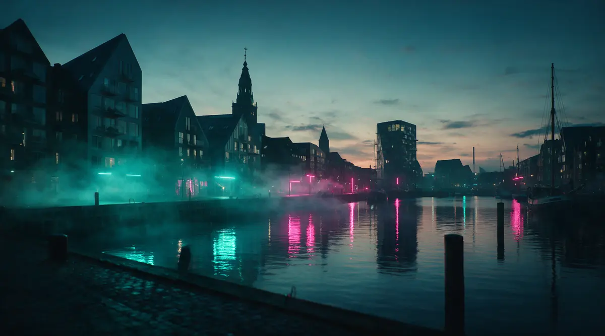 Havneby i skumring med neonlys i vandet