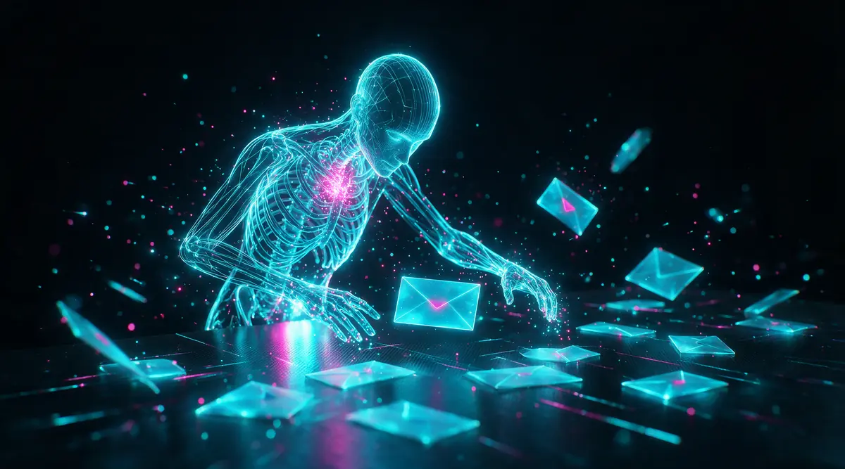 Lysende AI figur der sorterer post